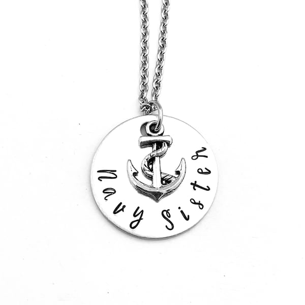 Navy Sister, Hand Stamped Navy Sister Necklace with Anchor Charm, Navy Pride, Gift for Sister, Military Family, Navy Jewelry