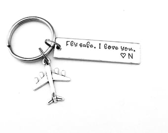 Fly safe. I love you. Personalized Hand Stamped Keychain