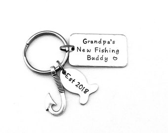 Grandpa's New Fishing Buddy est with Birth Year - Hand Stamped Fishing Keychain - New Grandfather Gift - Fishing Buddies - Pregnancy Reveal