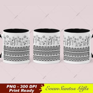 Può includere: Una tazza in ceramica bianca con un design a linee nere raffigurante vari fiori di campo nella parte superiore, seguito da una serie di motivi geometrici orizzontali tra cui strisce, zig-zag e forme rettangolari. La tazza ha un interno nero.