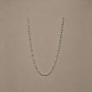 May include: A silver-toned chain necklace featuring a series of elongated, oval-shaped links, each reinforced with a central horizontal bar. The metallic links are interconnected to form a continuous, uniform chain design with a polished finish.