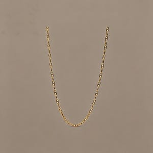 May include: A gold-toned chain necklace featuring a series of elongated oval links, each bisected by a small horizontal bar in the centre. The chain is displayed in a U-shape, showcasing a uniform metallic finish and a consistent link pattern throughout.