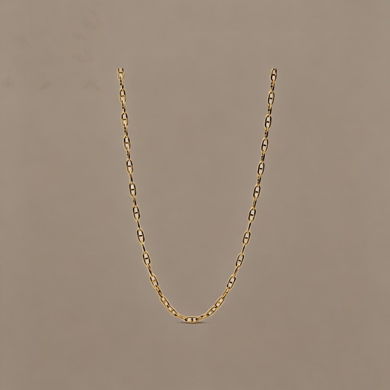 May include: A gold-toned chain necklace featuring a series of elongated oval links, each bisected by a small horizontal bar in the centre. The chain is displayed in a U-shape, showcasing a uniform metallic finish and a consistent link pattern throughout.