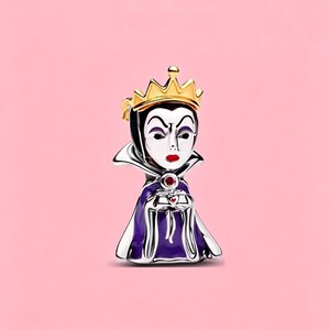 May include: A silver-toned metal charm shaped like a queen figure wearing a gold crown, a high-collared purple cape, and holding a small red-accented object. The figure has a white face, black hair, and red lips, with a polished metallic finish.
