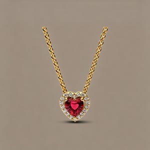 May include: A gold chain necklace featuring a heart-shaped pendant with a central red gemstone surrounded by a halo of small clear stones. The pendant is suspended from a delicate gold link chain, creating a classic and elegant jewellery piece.