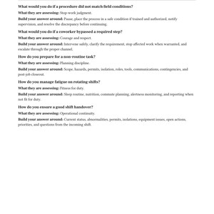 May include: A document titled Safety and procedure questions, featuring five inquiries regarding operational protocols. It lists questions about field conditions, bypassed steps, non-routine tasks, fatigue management, and shift handovers, with assessment criteria and guidance for each.