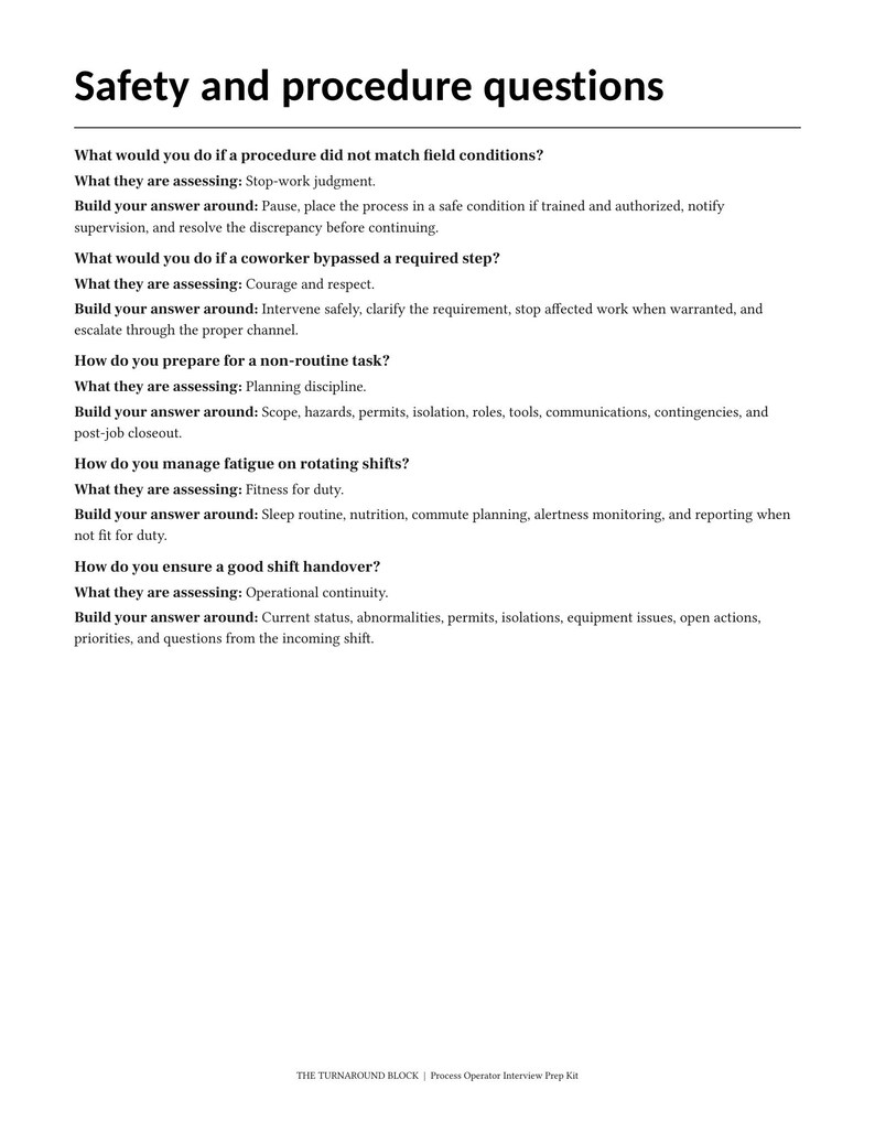 May include: A document titled Safety and procedure questions, featuring five inquiries regarding operational protocols. It lists questions about field conditions, bypassed steps, non-routine tasks, fatigue management, and shift handovers, with assessment criteria and guidance for each.