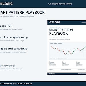 Pode incluir: Um documento PDF de 26 páginas intitulado RUNLOGIC CHART PATTERN PLAYBOOK. Contém 24 guias visuais de padrões para planeamento comercial, incluindo exemplos anotados, listas de verificação de confirmação e um design branco e azul-marinho.