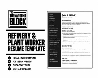 Refinery & Plant Worker Resume Template, Editable Word Document, Industrial Two-Column Design
