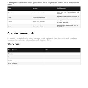 May include: A document titled The STAR answer method featuring a table with columns for Part, Purpose, and Useful prompts, followed by an Operator answer rule section and a blank table for Story one with columns for STAR element and Notes.
