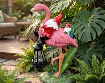 Flamingo Gnome Garden Statue with LED Lantern, Funny Outdoor Resin Decor