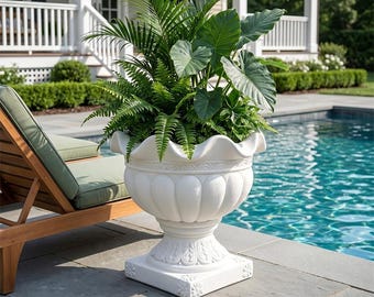 White Roman Pedestal Planter, Vintage Floral Carving, Scalloped Edge Urn Pot