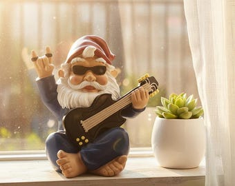 Rock Guitar Gnome Statue, Punk Rocker Dwarf Figurine, Resin Music Lover Decor
