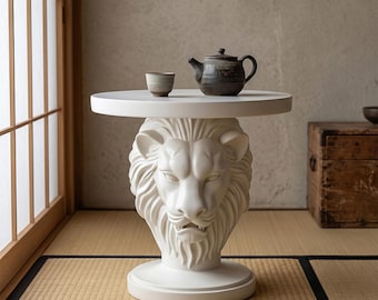 European Classic Lion Bust Side Table, Round End Table, Luxury Interior Decor