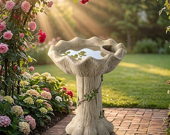 Rustic Tree Stump Bird Bath with Vine Decor, Resin Garden Feeder Bowl