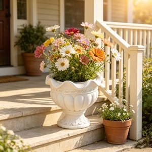 Vintage White Urn Planter, Scalloped Rim Roman Pedestal Flower Pot, Decorative Garden Resin Planter, Classic European Style Patio Decor
