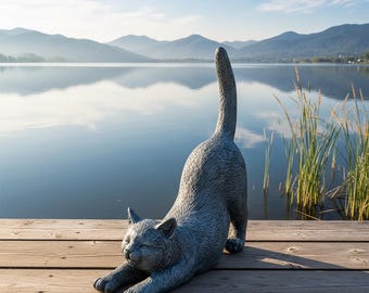 Gray Stretching Yoga Cat Statue, Resin Garden Ornament, Whimsical Feline Decor