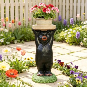 Black Bear Plant Stand Statue, 24in Resin Bear Side Table with Tray Top, Rustic Garden Bear Flower Pot Holder, Outdoor Patio Decor Gift