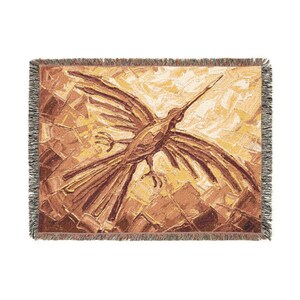 May include: A rectangular woven throw blanket featuring a central depiction of a bird in flight with wings spread wide. The design uses a palette of warm brown, tan, and golden yellow tones with a textured, mosaic-like pattern and fringed edges.