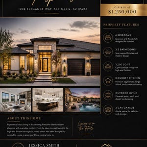 Puede incluir: Una hoja de características inmobiliarias para una casa en 1234 Elegance Way, Scottsdale, AZ. El folleto muestra una foto exterior de una casa de piedra con detalles oscuros, fotos interiores y una lista de características, incluyendo 4 dormitorios.