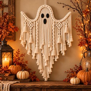 May include: A cream-colored macrame wall hanging shaped like a ghost, featuring braided rope details, hanging tassels, and two black oval eyes and one black oval mouth. The piece is constructed from thick cotton cord with intricate knots.