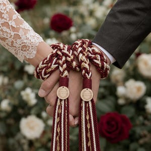 May include: A handfasting cord featuring braided burgundy, cream, and gold metallic ropes. The cord includes two circular wooden charms engraved with a leaf wreath design and long, dangling tassels with gold leaf accents hanging from the ends.