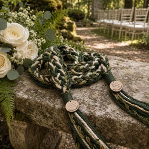 May include: A braided cord made of dark green, light green, and cream-colored yarn. The cord features two circular wooden tags engraved with text and leaf motifs, with loose yarn tassels extending from the ends of the braided sections.