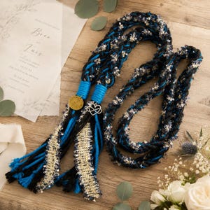 Cordón personalizado para la ceremonia de unión de manos, trenza de unidad nupcial negra y azul, cuerda para ceremonia celta, recuerdo grabado