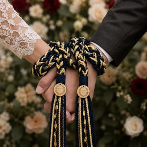 Könnte beinhalten: Ein Handfasting-Seil aus geflochtenem marineblauem und goldenem Tauwerk, verziert mit zwei runden Holzanhängern mit Lorbeerkranz-Gravur und herabhängenden Quasten mit goldenen Blattakzenten, das um zwei ineinander verschränkte Hände gewickelt ist.