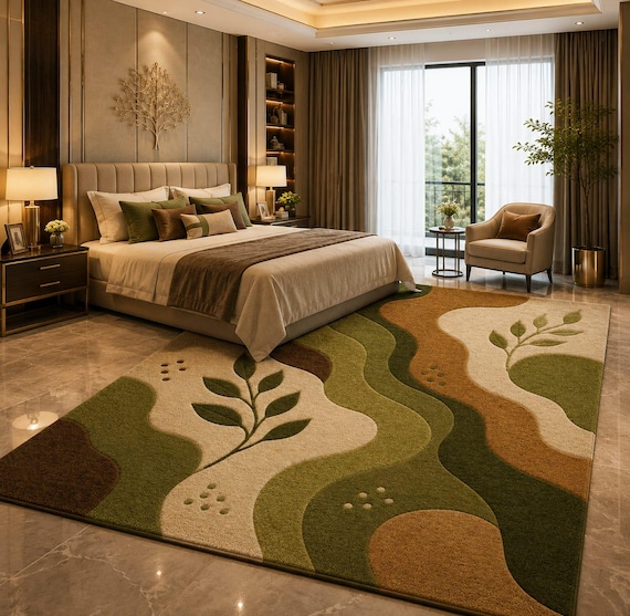 Modern Botanical Leaf Tufted Area Rug, Abstract Wavy Nature Inspired Decor