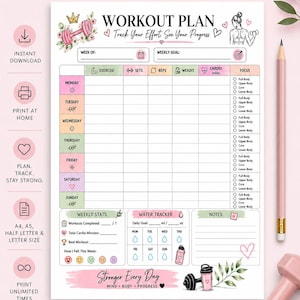 Afdrukbare workoutplanner, fitnesslogboek, wekelijkse tracker (pdf-download)
