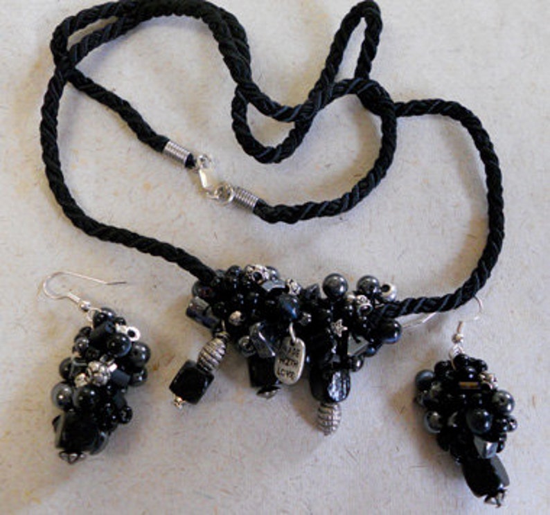 Beaded crocheted earrings Black and Silver image 2