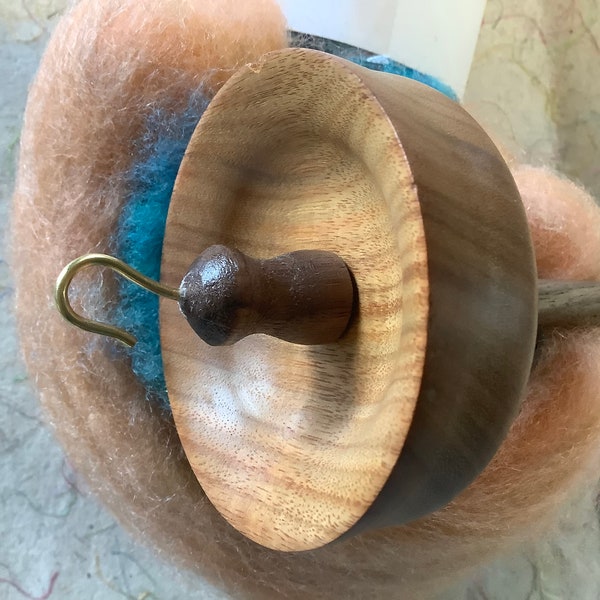 Spindle hand turned Canary Wood top whorl spindle with Walnut wood shaft, fiber too