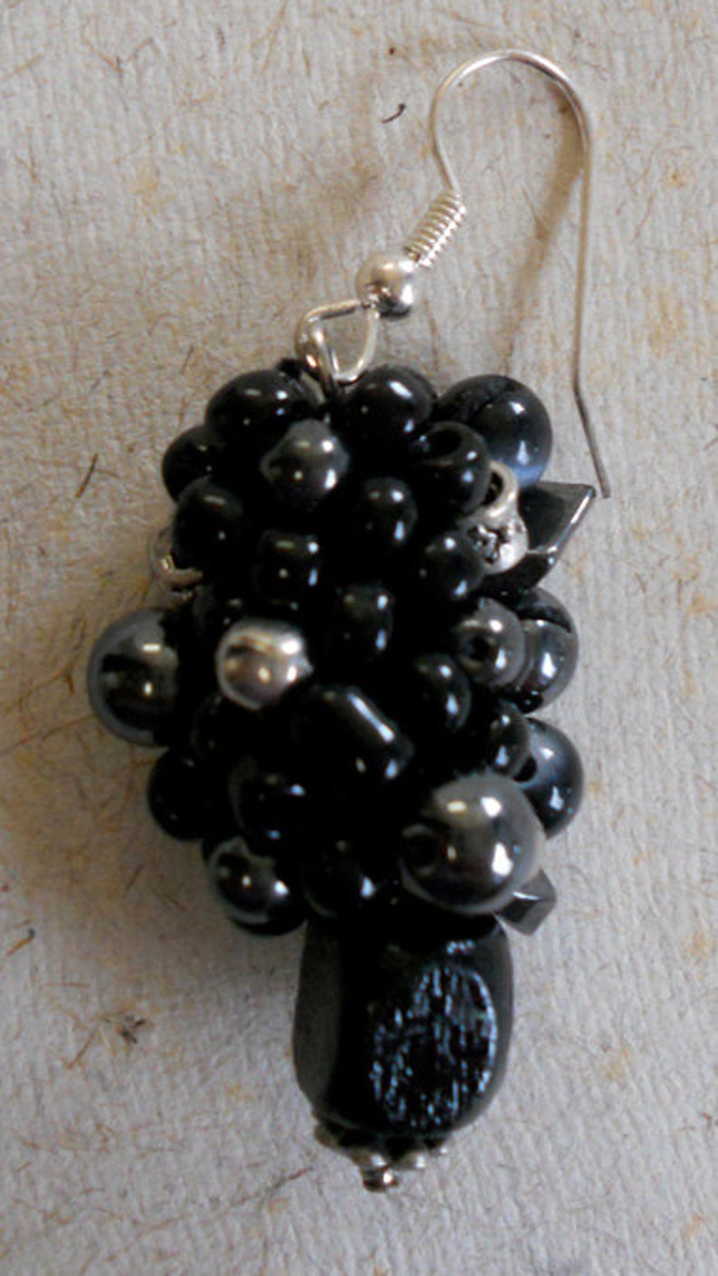 Beaded crocheted earrings Black and Silver image 1