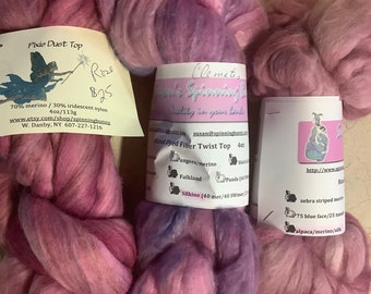 Pretty in Pink Roving Top -  4oz, 113g in 3 choices of fibers, alpaca, merinos, silk blends