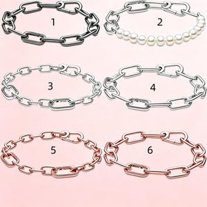 May include: Six bracelets labelled 1 to 6. Bracelet 1 is dark grey metal. Bracelet 2 features white pearls and silver-tone links. Bracelets 3 and 4 are silver-tone metal. Bracelets 5 and 6 are rose gold-tone metal. All feature oval chain links.