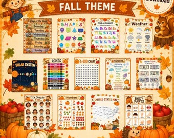 Paquete de 13 pósteres educativos de otoño para niños pequeños, preescolares, educación en el hogar, guarderías y decoración de aulas. Descarga digital imprimible de otoño y Halloween.