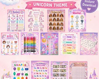 Pósteres educativos de unicornios, láminas didácticas para niños pequeños, carteles imprimibles para preescolar, decoración para aulas de educación en casa y guarderías (descarga digital).