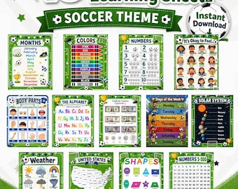 Soccer Learning Posters Bundle, 13 Educational Charts, Toddler Preschool Classroom Decor (Digital Download)