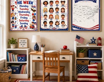 Paquete de pósteres educativos patrióticos de EE. UU., 13 láminas imprimibles para decoración de aulas preescolares, descarga digital del 4 de julio.