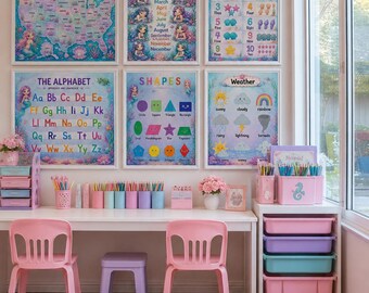 Paquete de pósteres educativos de sirenas / Láminas de aprendizaje imprimibles para niños pequeños / Decoración para aulas preescolares / Alfabeto, números y colores