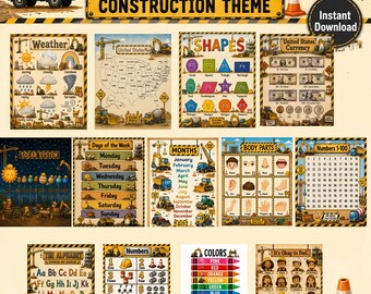 Construction Educational Posters Bundle | Printable Learning Charts for Toddlers | Preschool Classroom Decor | Digital Download