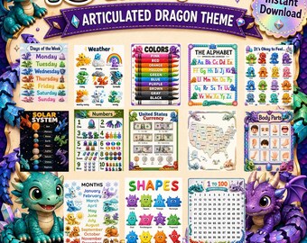 Dragon Learning Posters Bundle, 13 Printable Educational Charts, Articulated Dragon Theme, Toddler Preschool Classroom Decor