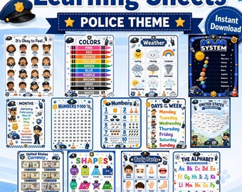 Paquete de pósteres educativos con temática policial, láminas didácticas para niños pequeños y preescolares (descarga digital)