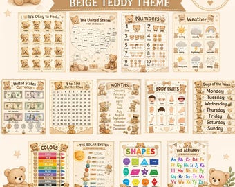 Teddy Bear Educational Posters Bundle, Beige Learning Charts for Toddlers (Digital Download)