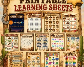 Paquete de pósteres educativos del Oeste con temática de vaqueros, 13 láminas imprimibles para niños pequeños, ideales para la decoración del aula en casa o preescolar.