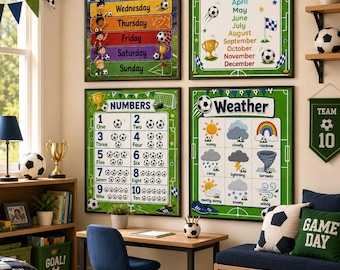 Paquete de pósteres educativos de fútbol, 13 láminas imprimibles para decoración de aulas de preescolar y jardín de infancia, alfabeto, números y colores (descarga digital).