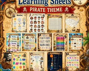 Pirate Colorful Learning Posters Bundle, 13 Printable Educational Charts, Toddler Preschool Classroom Decor, Homeschool Digital Download