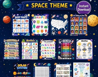 Space Learning Charts Bundle, Educational Posters, Preschool Homeschool Decor (Digital Download)
