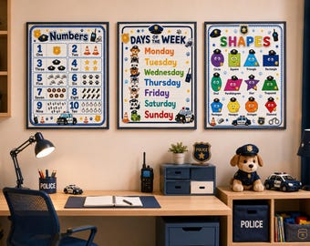 Paquete de carteles educativos sobre la policía, láminas educativas para niños pequeños, arte mural imprimible para preescolar, alfabeto, números y colores, aula sobre ayudantes de la comunidad.